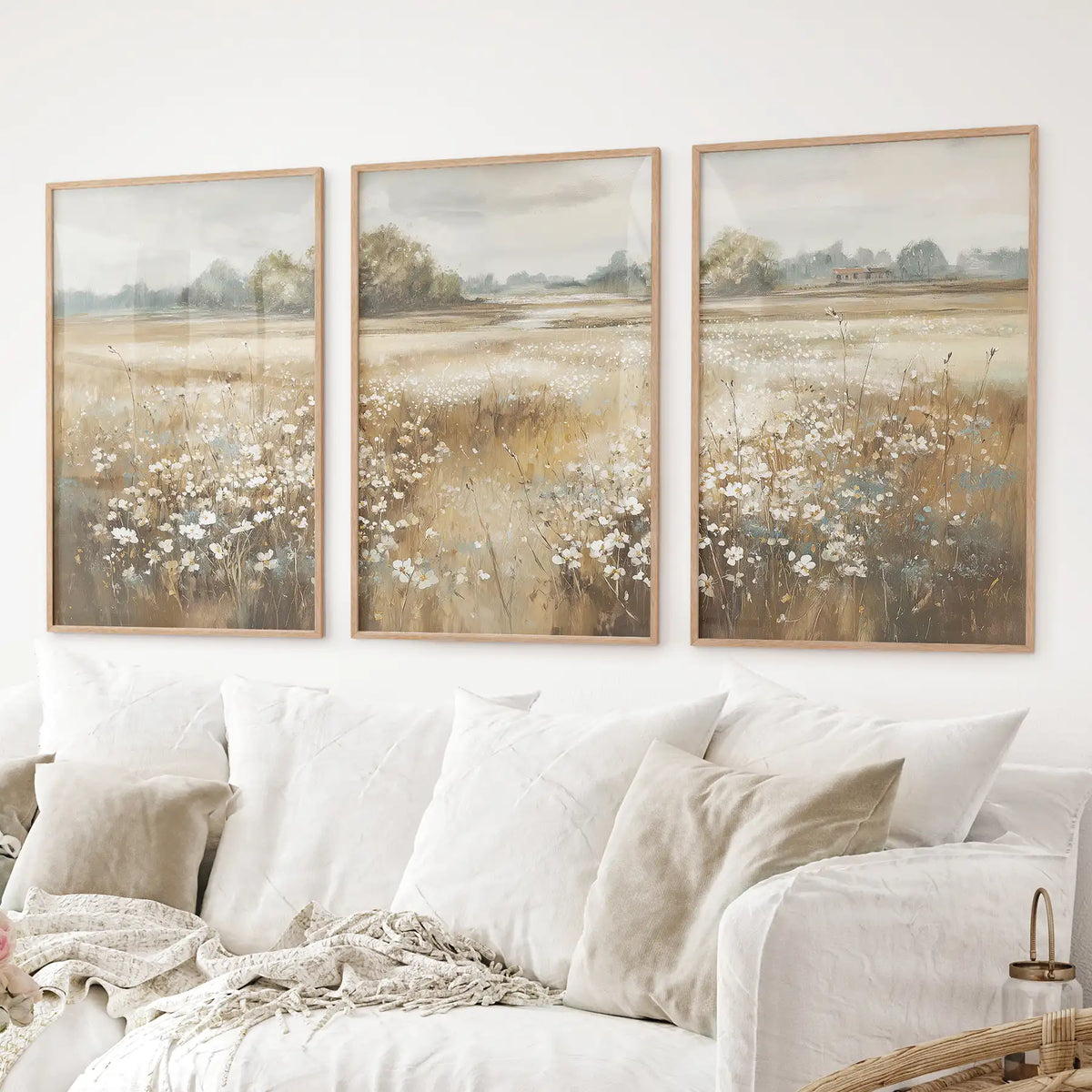 Neutral Floral Field Prints, Set of 3