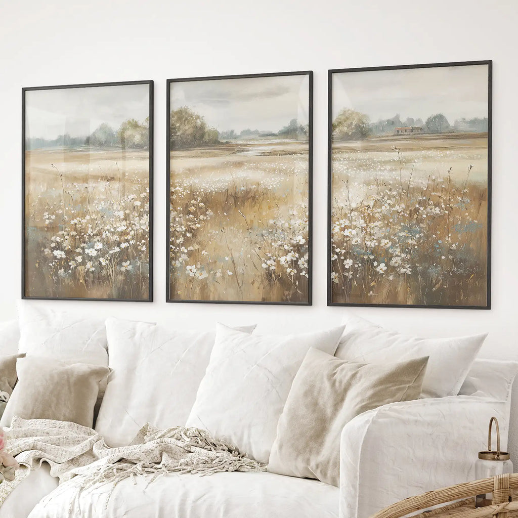 Neutral Floral Field Prints, Set of 3