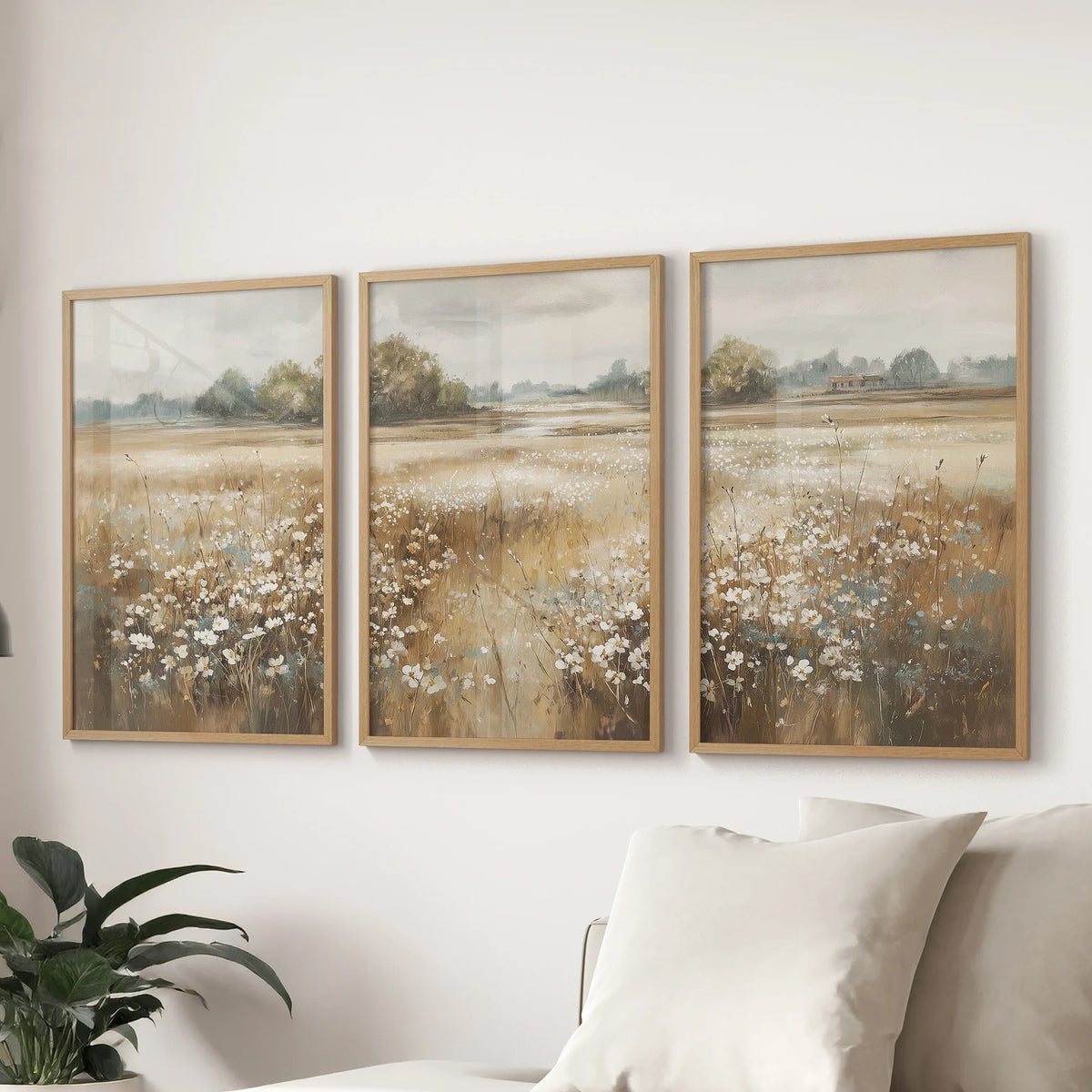 Neutral Floral Field Prints, Set of 3