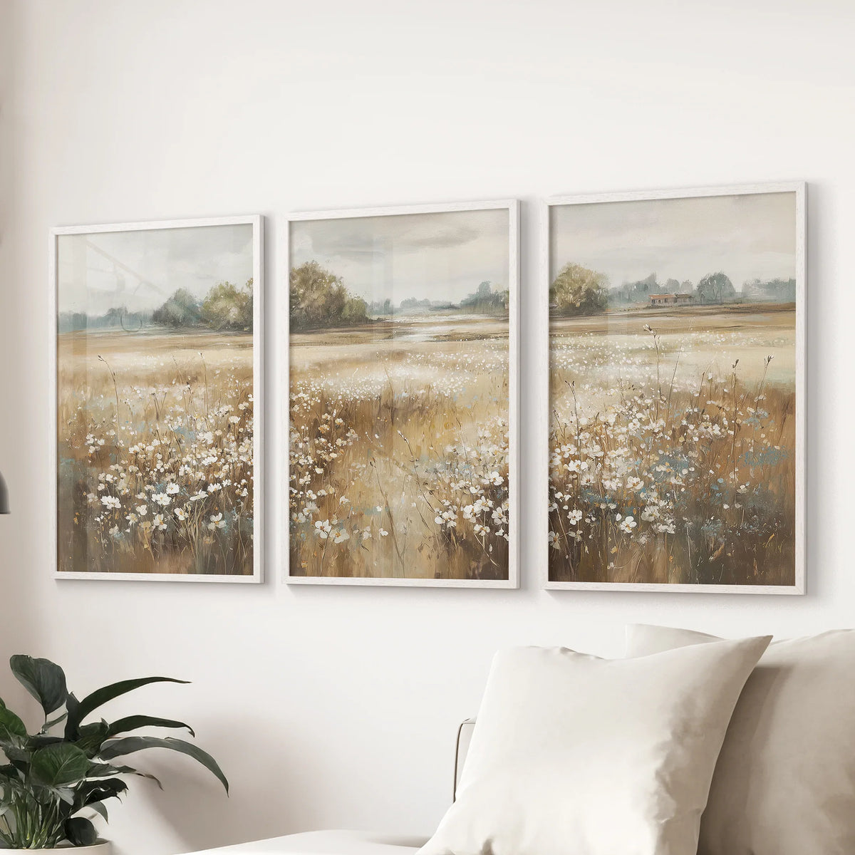 Neutral Floral Field Prints, Set of 3