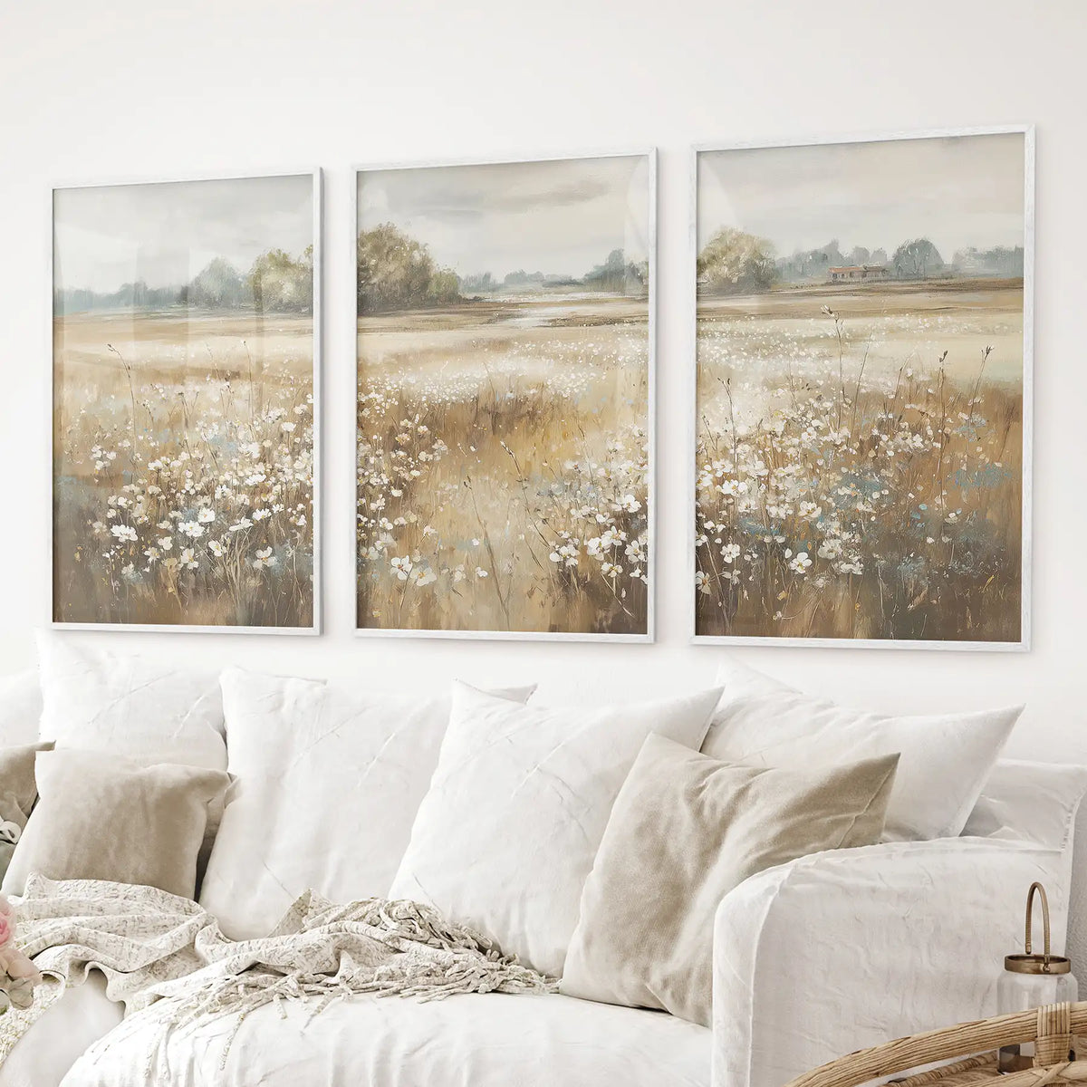 Neutral Floral Field Prints, Set of 3
