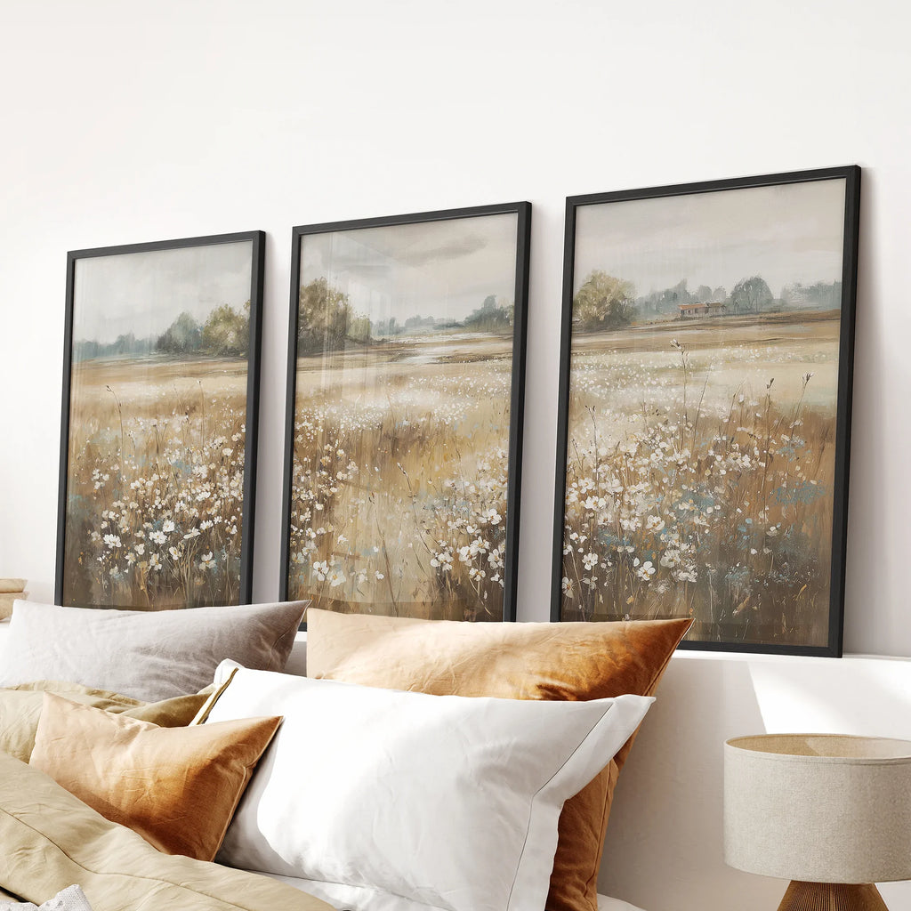 Neutral Floral Field Prints, Set of 3